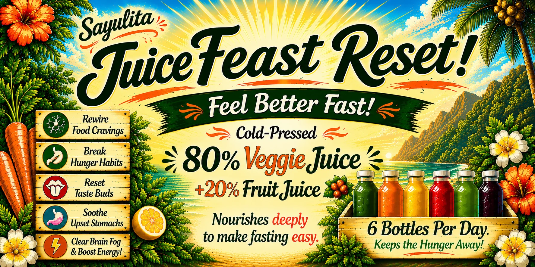 Sayulita Juice Feast Reset. Feel Better Fast. Cold-Pressed 80% Veggie + 20% Fruit Juice. 6 Bottles Per Day.