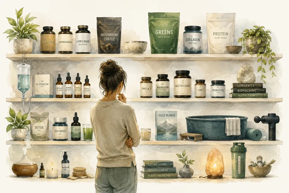 A person standing before shelves of supplements, powders and wellness devices, deciding where to begin