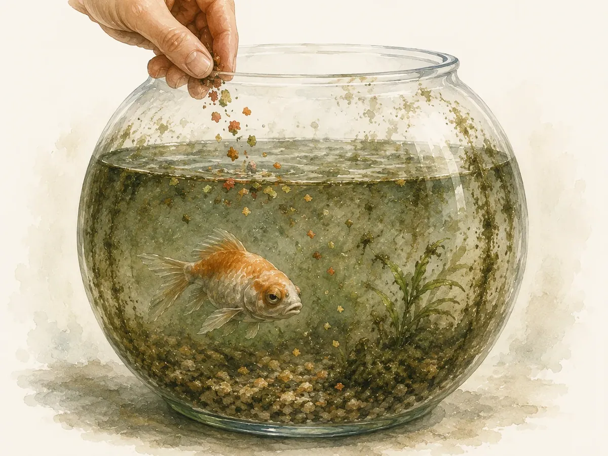 A hand dropping food into a clouded fishbowl where a pale, listless goldfish drifts near the bottom