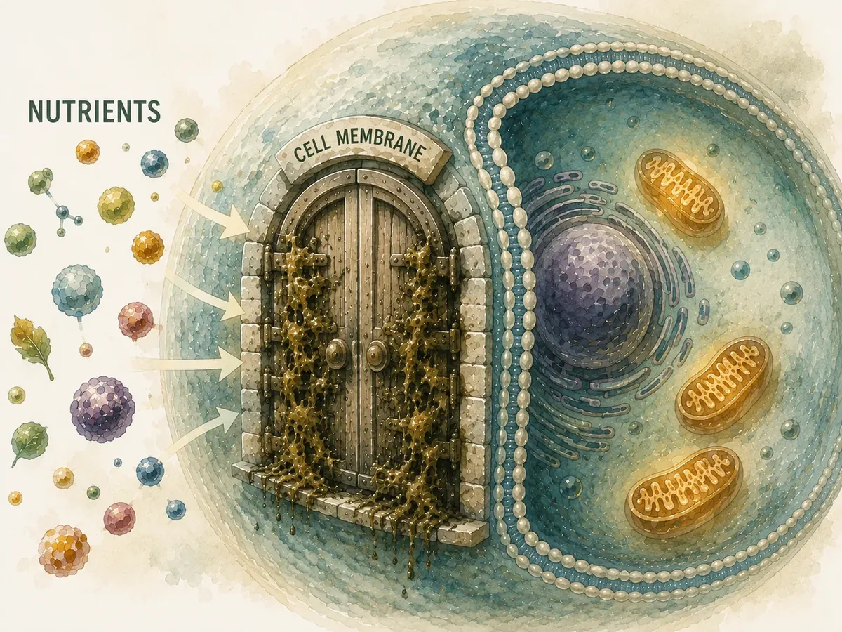 Illustration of nutrients arriving at a cell membrane drawn as a heavy door caked shut with sludge