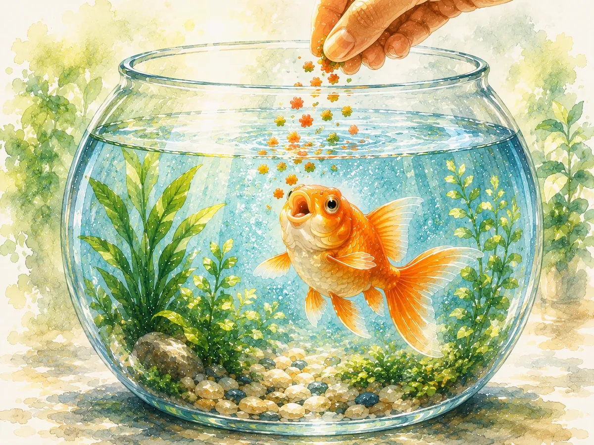 A bright goldfish rising eagerly to food in a bowl of clear water surrounded by green plants
