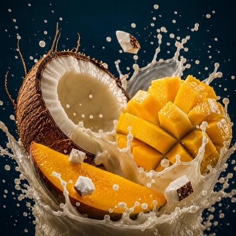 Cracked coconut and mango with creamy splash