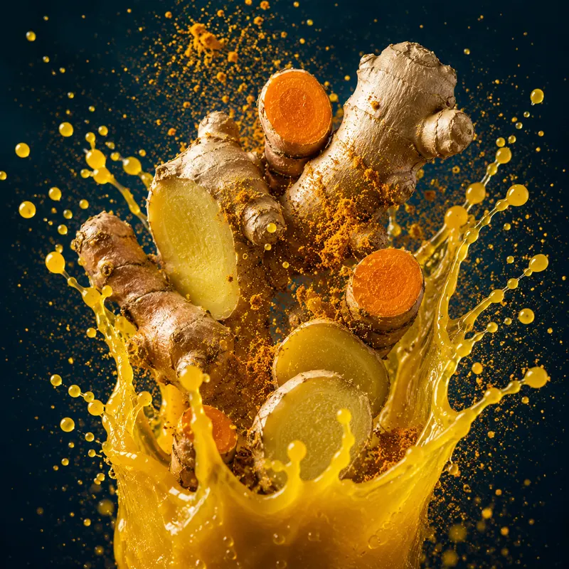 Ginger root and turmeric with golden juice splash