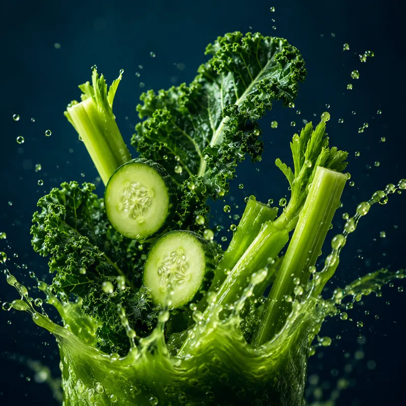Kale, cucumber and celery splashing in green juice